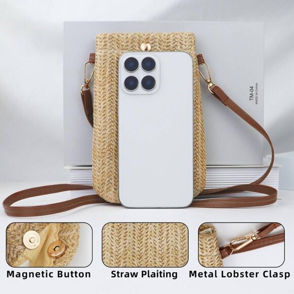 Chic Straw and Polyester Phone Purse with Magnetic Closure - Compact Design - Picture 3 of 6